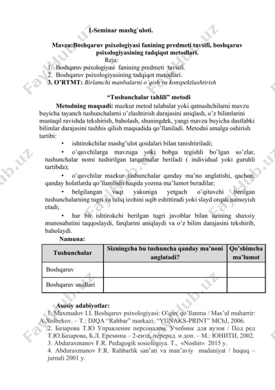 boshqaruv psixologiyasi fanining predmeti tavsifi va tadqiqot metodlari — DOCX