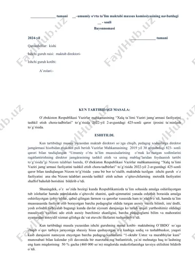 maktab direktori va ishchi guruh raisi uchun jamg'armalarni tashkil etish chora-tadbirlari — DOCX