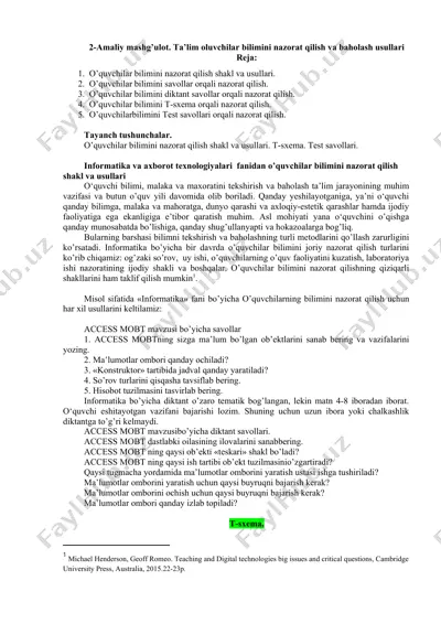 informatika va axborot texnologiyalari fanidan o’quvchilar bilimini nazorat qilish shakl va usullari — DOC