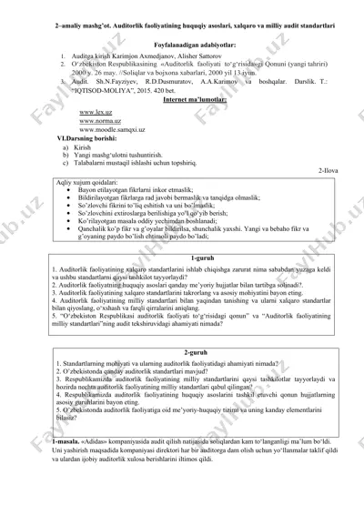 auditorlik faoliyatining huquqiy asoslari, xalqaro va milliy audit standartlari — DOCX