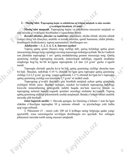tuproqning hajm va solishtirma og’irligini aniqlash va ular asosida g’ovakligini hisoblash — DOCX
