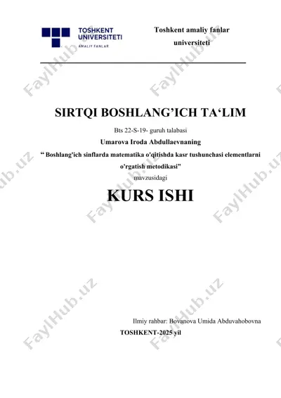 boshlang'ich sinflarda matematika o'qitishda kasr tushunchasi elementlarni o'rgatish metodikasi — DOCX