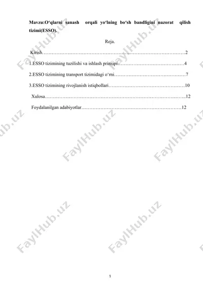 esso tizimi (oʻqlarni sanash orqali yoʻlning boʻsh bandligini nazorat qilish tizimi) — DOCX