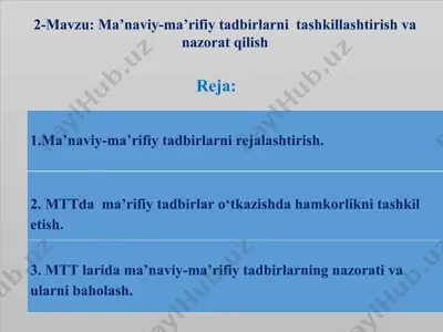 ma’naviy-ma’rifiy tadbirlarni tashkillashtirish va nazorat qilish — PPT