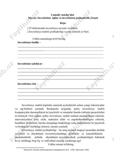 investitsion faollik va investitsion jozibadorlik — DOCX
