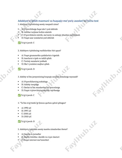 o'zbek adabiyotini o'qitish mavzusida 10talik test — DOCX
