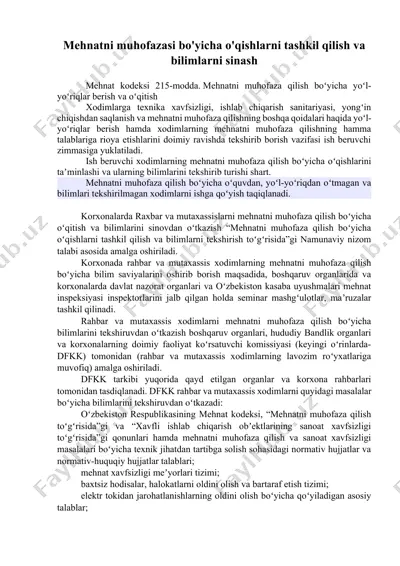 meh­natni mu­ho­fa­za­si bo'yicha o'qish­la­rni tash­kil qilish va bi­lim­lar­ni si­nash — DOCX