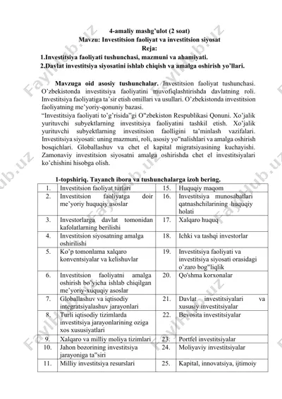 investitsion faoliyat va investitsion siyosat — DOCX
