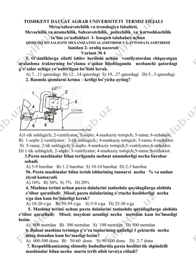 qishloq xo'jaligini mexanizatsiyalashtirish va avtomatlashtirish fani bo'yicha 2-oraliq nazorat varianti — DOC