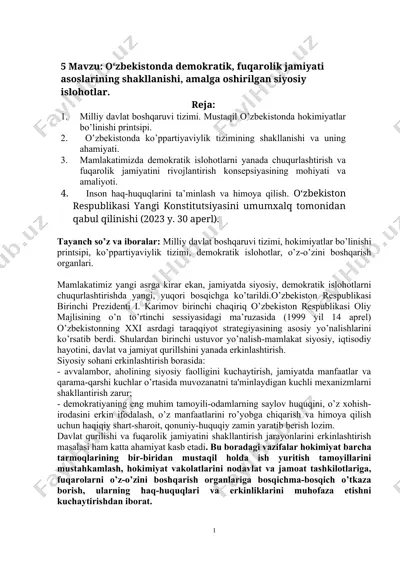 o‘zbekistonda demokratik, fuqarolik jamiyati asoslarining shakllanishi, amalga oshirilgan siyosiy islohotlar — DOCX