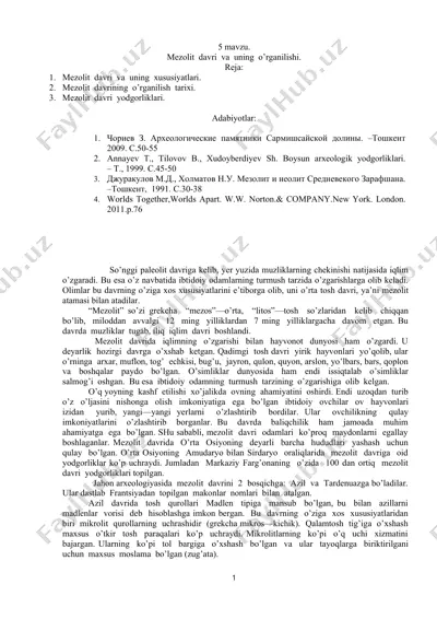 mezolit davri va uning o'rganilishi — DOCX