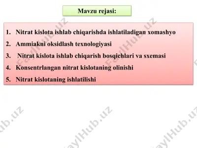 nitrat kislota ishlab chiqarishda ishlatiladigan xomashyo — PPTX