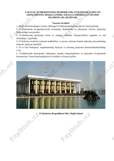 o‘zbekistonda demokratik, fuqarolik jamiyati asoslarining shakllanishi, amalga oshirilgan siyosiy isholotlar — DOCX