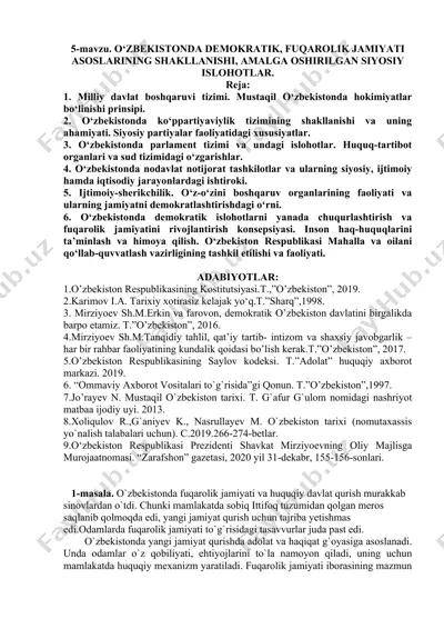 o‘zbekistonda demokratik, fuqarolik jamiyati asoslarining shakllanishi, amalga oshirilgan siyosiy islohotlar — DOCX