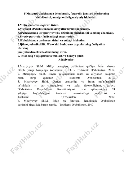 o‘zbekistonda demokratik, fuqarolik jamiyati asoslarining shakllanishi, amalga oshirilgan siyosiy islohotlar — DOCX