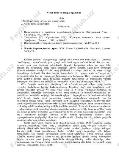 neolit davri va uning o’rganilishi — DOCX