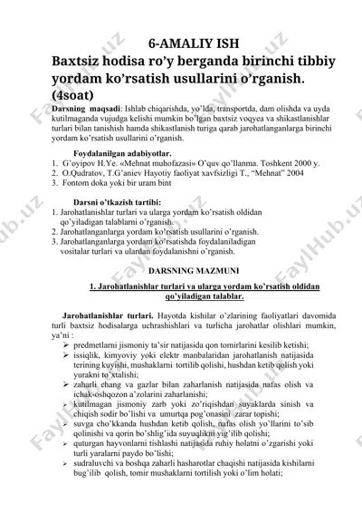 baxtsiz hodisa ro'y berganda birinchi tibbiy yordam ko'rsatish usullari — DOCX