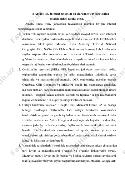 internet resurslar va ulardan o’quv jarayonida foydalanishni tashkil etish — DOCX