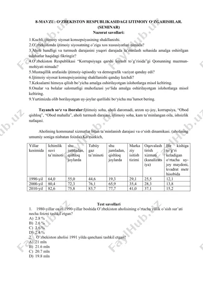 seminar materiallari "o‘zbekiston respublikasidagi ijtimoiy o‘zgarishlar" — DOCX