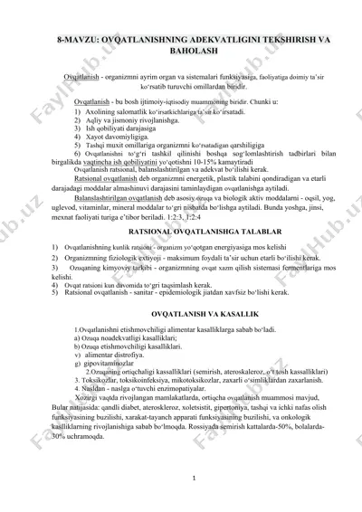 ovqatlanishning adekvatligini tekshirish va baholash — DOCX