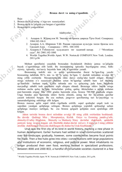 bronza davri va uning o'rganilishi — DOCX