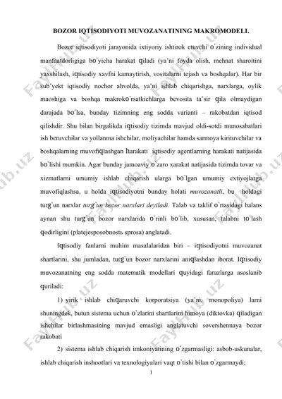 bozor iqtisodiyoti muvozanatining makromodeli — DOCX