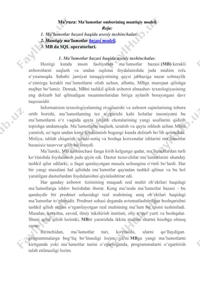 ma’ruza: ma’lumotlar omborining mantiqiy modeli — DOC