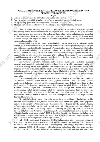 mustaqillik yillarida o‘zbekistondagi ma’nviy va madaniy taraqqiyot — DOCX