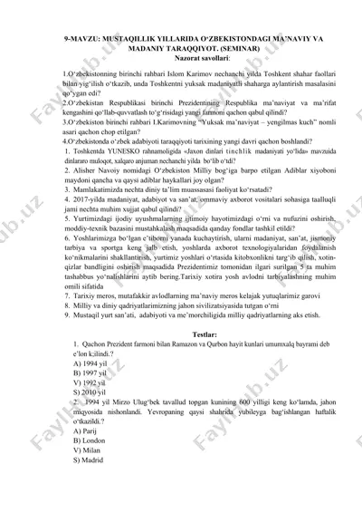 mustaqillik yillarida o‘zbekistondagi ma’naviy va madaniy taraqqiyot (seminar) — DOCX