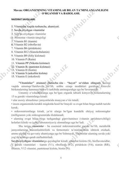 vitaminlar bilan ta’minlanganligi — DOCX