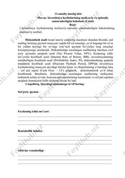 investitsiya loyihalarining moliyaviy va iqtisodiy samaradorligini baholash — DOCX