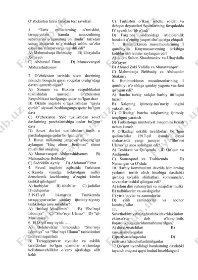 o‘zbekiston tarixi fanidan test savollari — DOCX