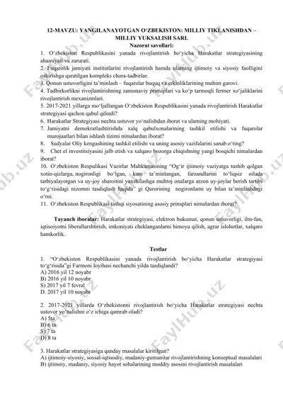 o‘zbekiston respublikasini yanada rivojlantirish bo‘yicha harakatlar strategiyasi — DOCX