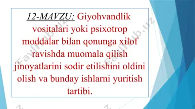 giyohvandlik vositalari va psixotrop moddalar bilan qonungaxilofravishdamuomalaqilish jinoyatlarini sodiretilishini oldini olish va bunday ishlar niyuritish tartibi — PPTX
