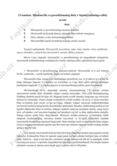missionerlik va prozelitizmning diniy e’tiqodni tanlashga salbiy ta’siri — DOCX