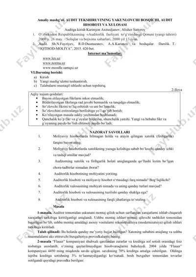 audit tekshiruvinining yakunloqchi bosqichi, audit hisoboti va xulosasi — DOCX