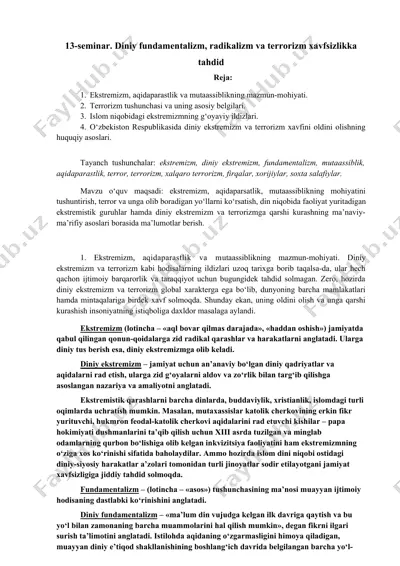 diniy fundamentalizm, radikalizm va terrorizm xavfsizlikka tahdid — DOCX