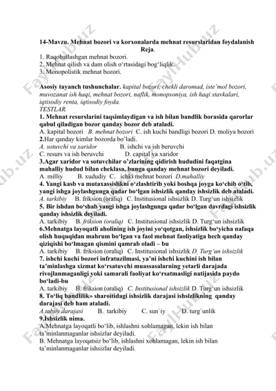 mehnat bozori va korxonalarda mehnat resurslaridan foydalanish — DOCX