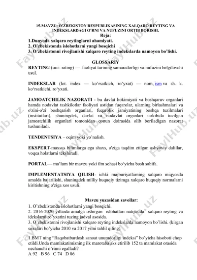 o'zbekiston respublikasining xalqaro reyting va indekslardagi o'rni va nufuzini ortib borishi — DOCX