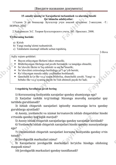 xarajatlarni turkumlash va ularning hisobi — DOCX