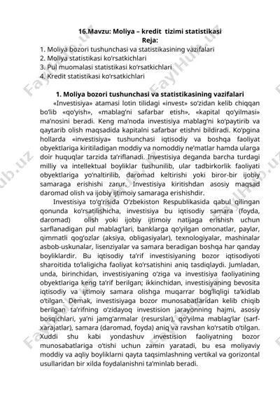 moliya – kredit tizimi statistikasi — DOCX