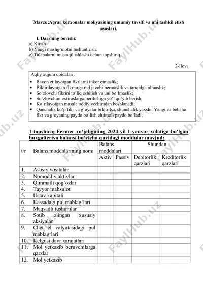 agrar korxonalar moliyasining umumiy tavsifi va uni tashkil etish asoslari — DOC