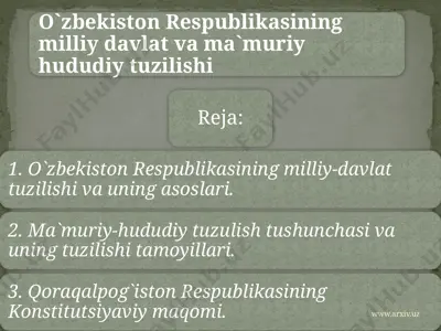 o`zbekiston respublikasining milliy davlat va ma`muriy hududiy tuzilishi — PPTX