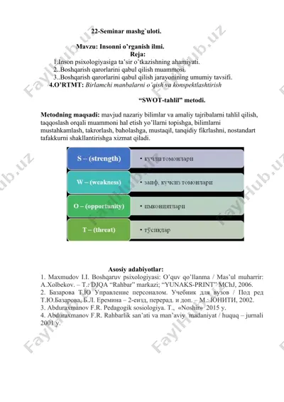 seminar mashg'uloti "inson psixologiyasiga ta'sir o'tkazish" — DOCX
