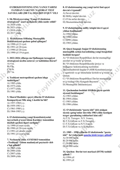 o‘zbekistonning eng yangi tarixi fanidan yakuniy nazorat test savollari (200 ta) 2024-2025 o‘quv yili — DOC