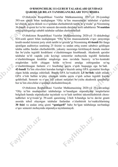 oliy ta'lim muassasalari talabalari o'qish tartibini o'zgartirish — DOC