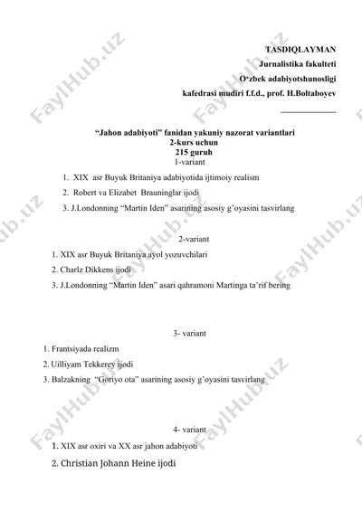 "jahon adabiyoti" fanidan yakuniy nazorat variantlari — DOCX
