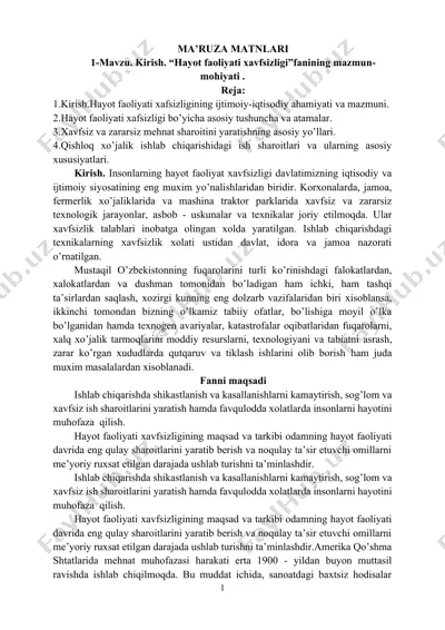 hayot faoliyati xafsizligi — DOCX