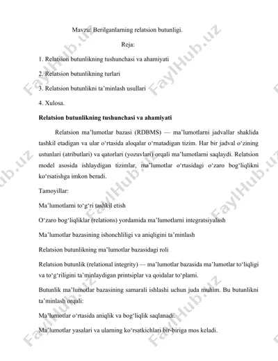 relatsion butunlik va ma'lumotlar bazasi — DOCX
