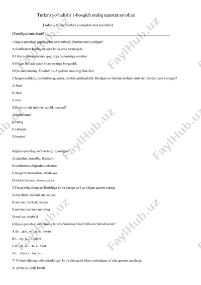 turizm yo‘nalishi 1-bosqich oraliq nazorat savollari — DOCX